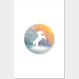 white unicorn silhouette in the magic forest Posters and Art